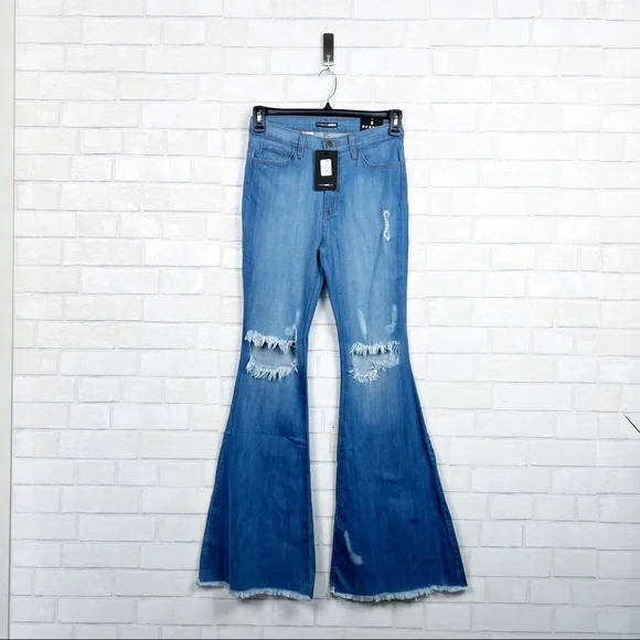 Fashion Nova Dazed for Days Flared Distressed Jeans NEW - Picture 1 of 4